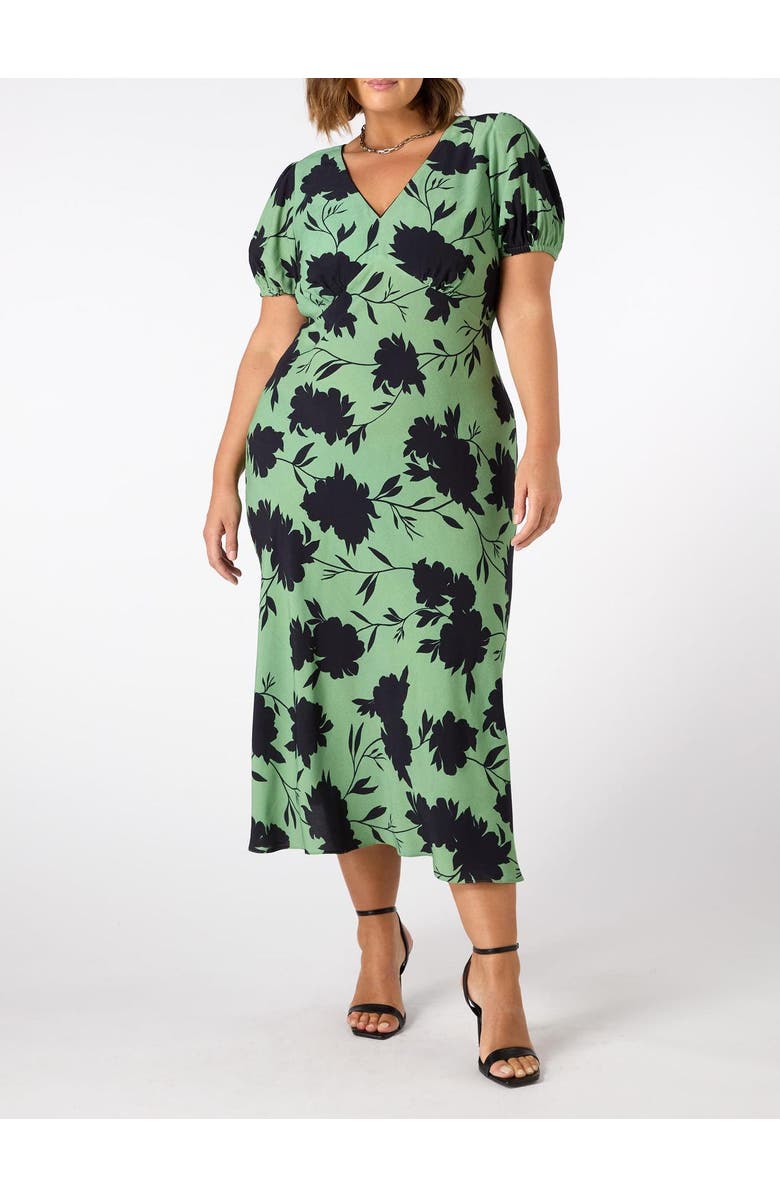 Live Unlimited Floral Print Puff Sleeve Midi Dress, Alternate, color, Green