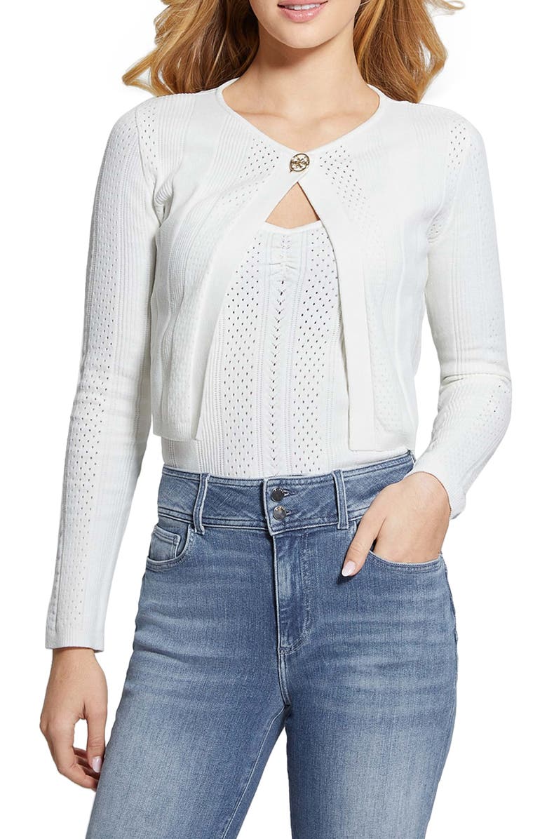 GUESS Cecilia Cotton Blend Pointelle Cardigan, Main, color, 