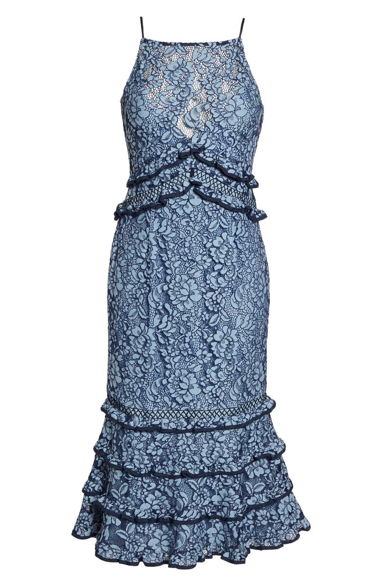 Keepsake the Label Catch Me Ruffle Lace Sheath Dress, Alternate, color, 