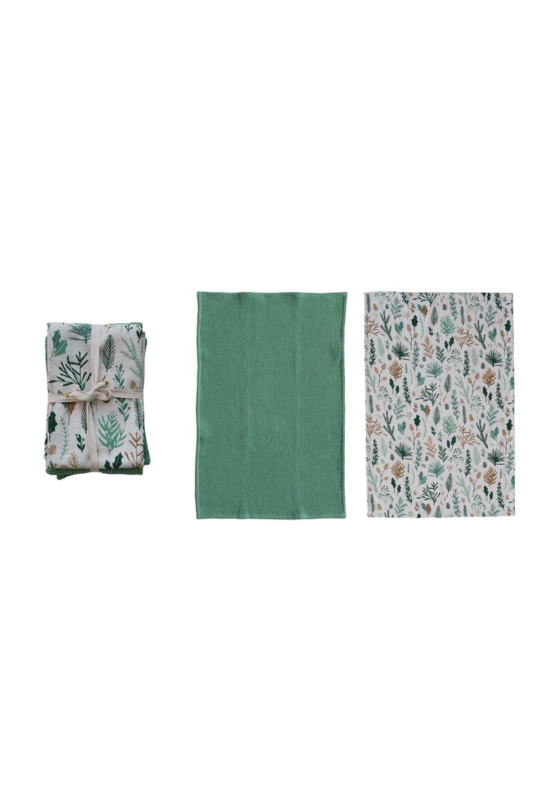 2-Piece Woven Waffle Weave/Slub Printed Tea Towels with Botanical Pattern, Multicolor, Main, color, Green