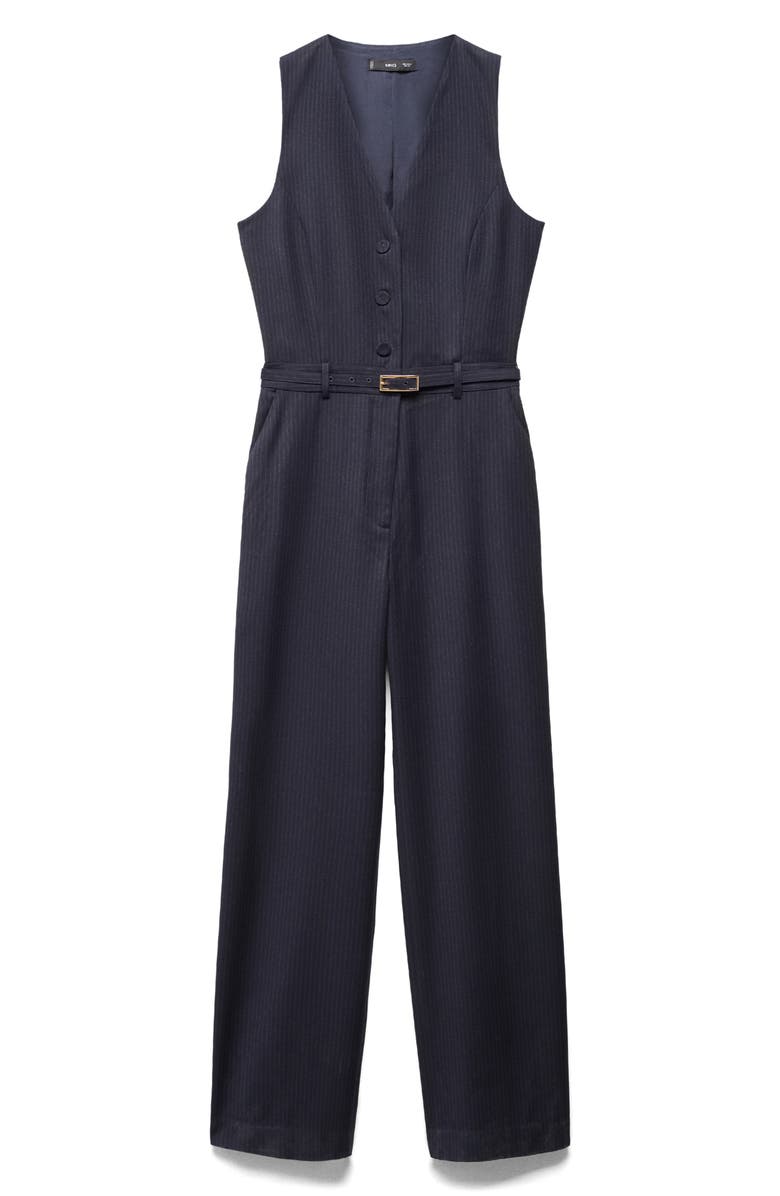MANGO Pinstripe Belted Button Front Jumpsuit, Alternate, color, 