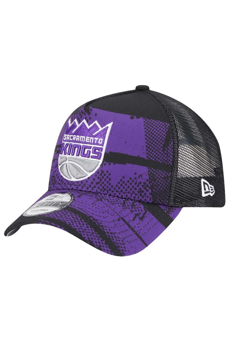 Men's New Era Black/Purple Sacramento Kings Tip Off A-Frame Trucker 9FORTY Adjustable Hat, Alternate, color, Black