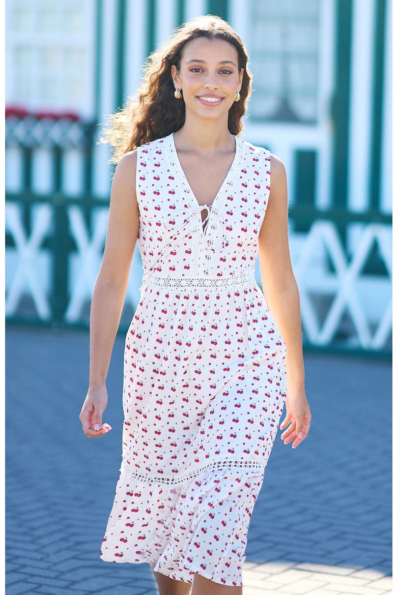Cherry Print Lace Trim Cotton Midi Dress, Alternate, color, White