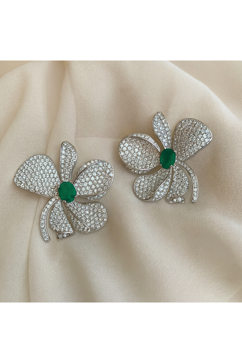 Fleur pave emerald flower earrings, Alternate, color, green