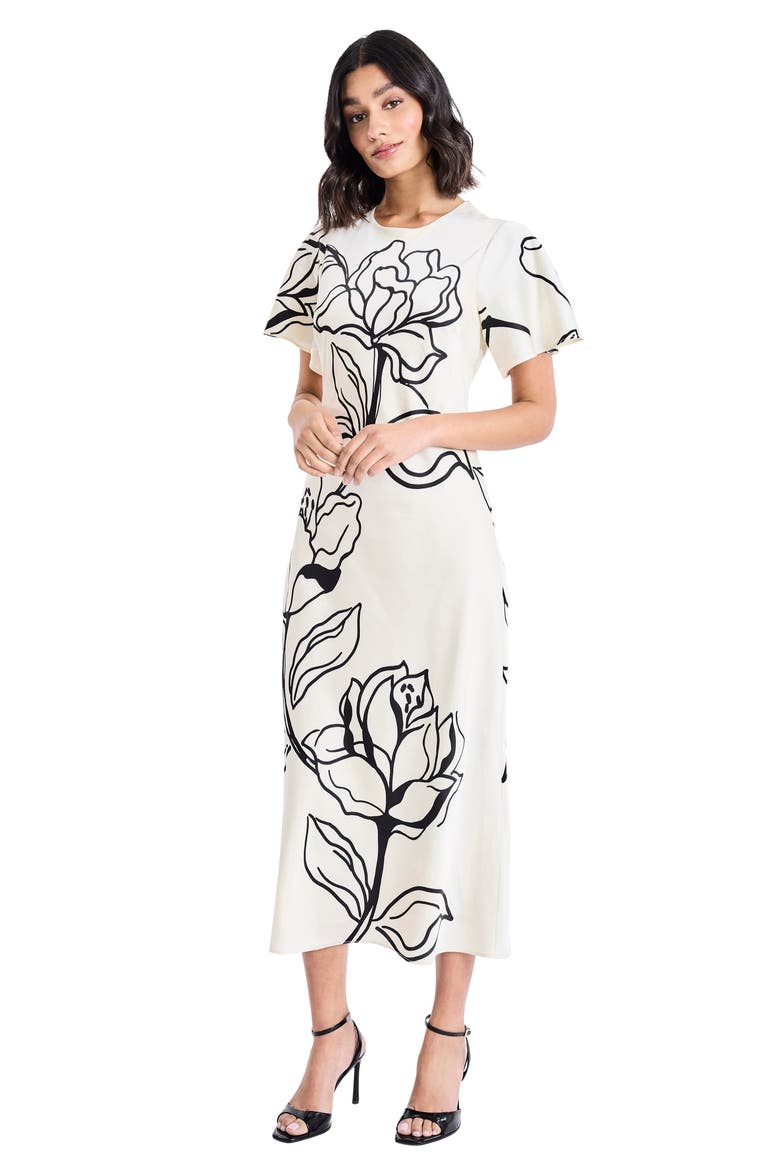 Floral Short Sleeve Midi Dress, Alternate, color, CREAM/ BLACK
