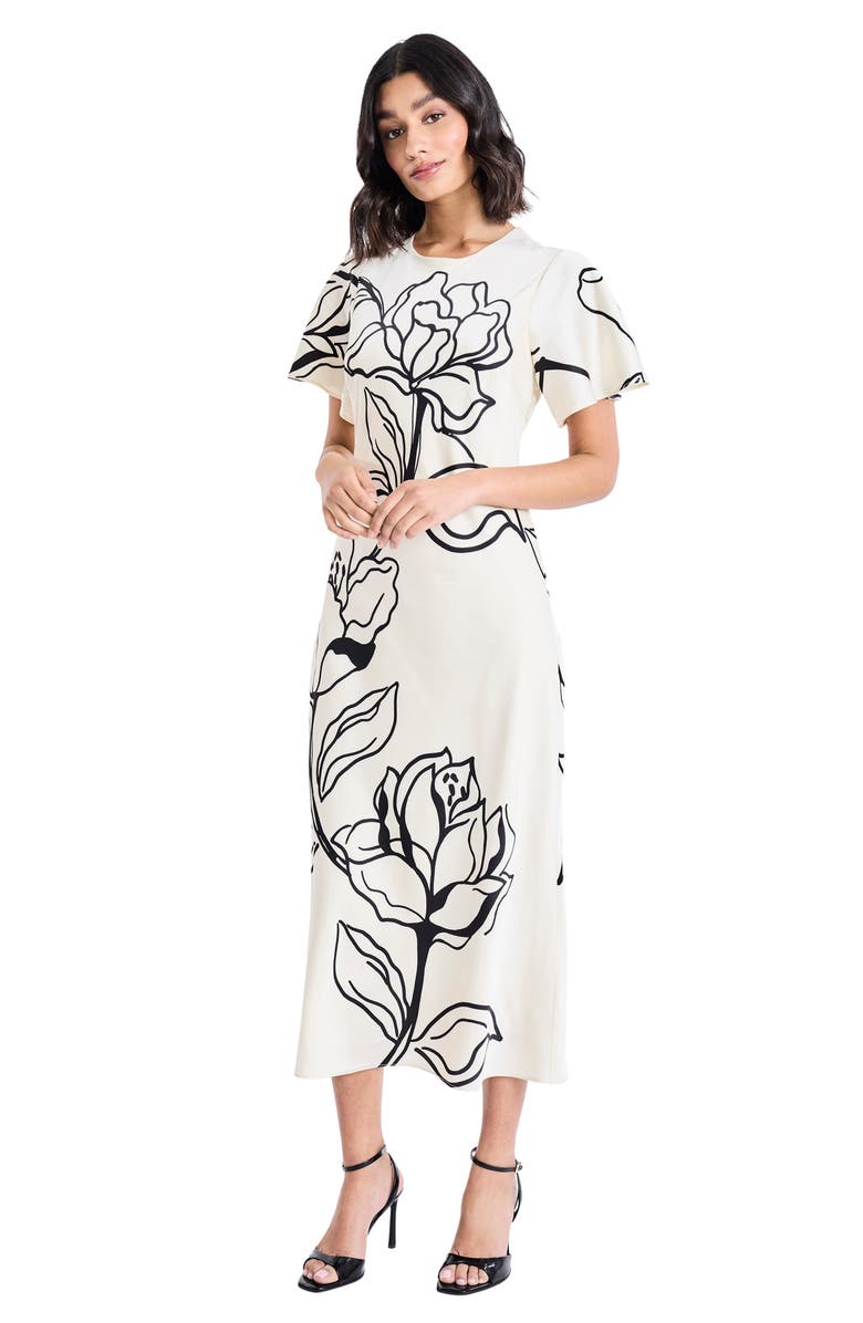 Maggy London Floral Short Sleeve Midi Dress, Alternate, color, Cream/ Black