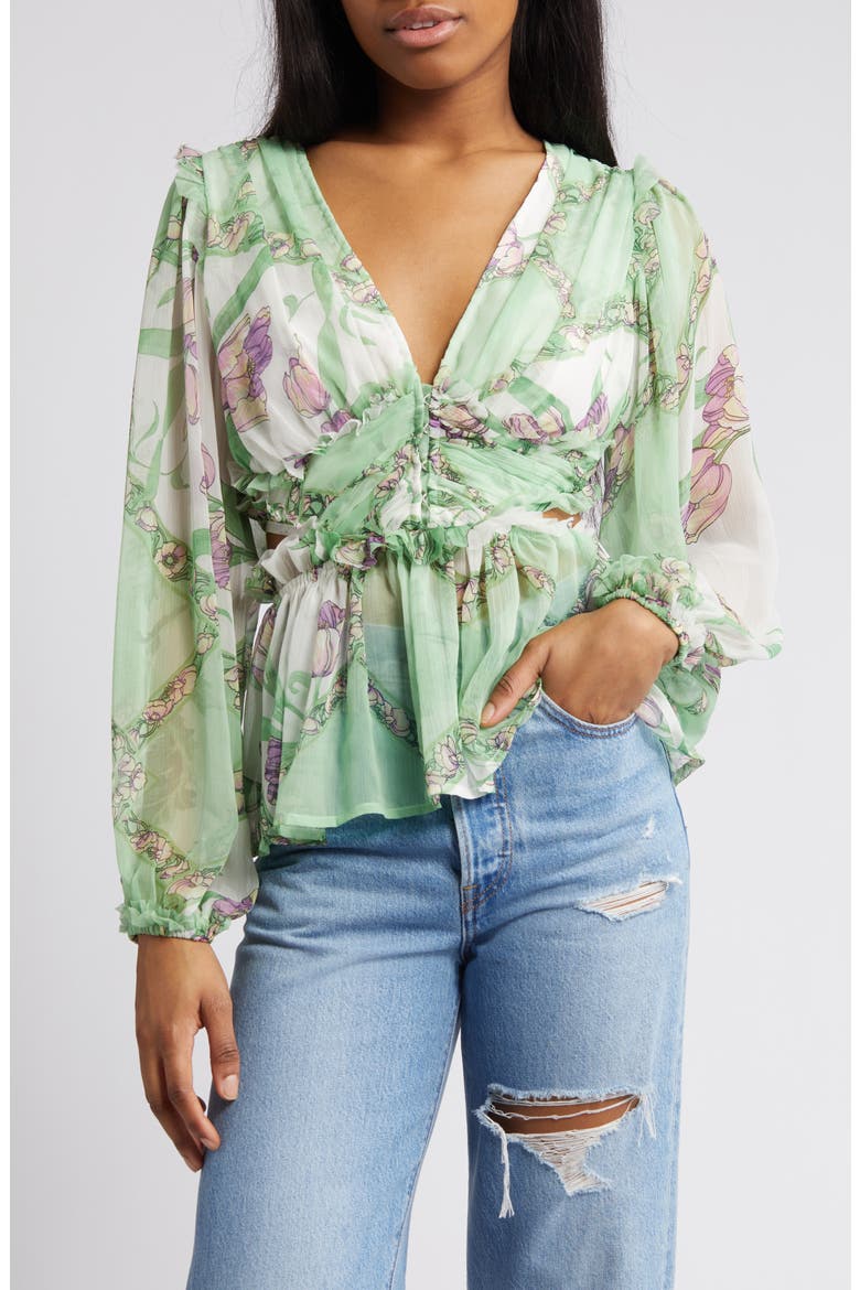 Floral Pleated Sheer Peplum Blouse, Main, color, LIGHT GREEN