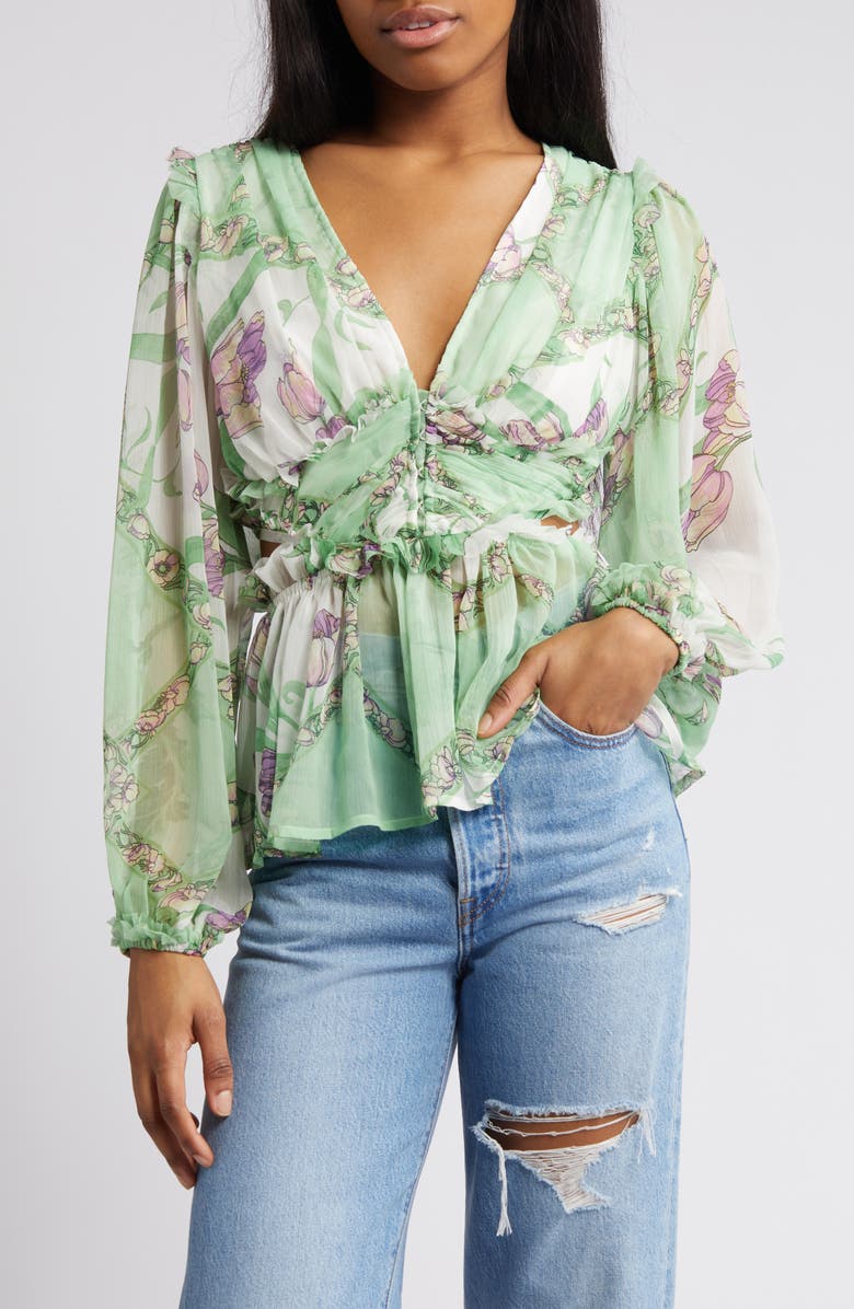 ASOS DESIGN Floral Pleated Sheer Peplum Blouse, Main, color, 