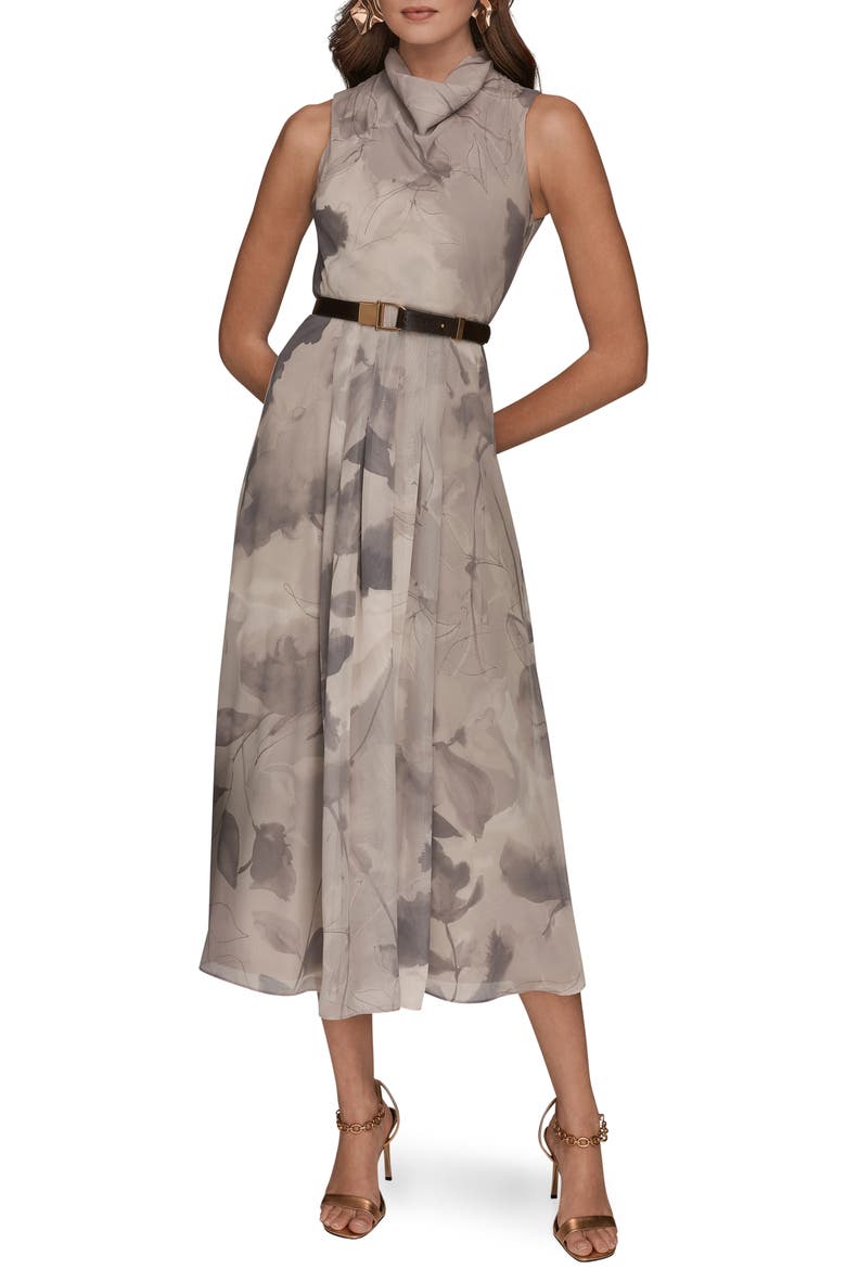 Cowl Neck Belted Fit & Flare Dress, Main, color, DRIFTWOOD MULTI