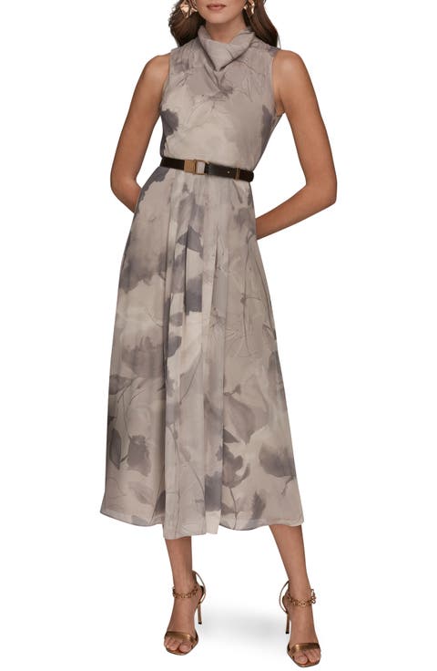 Cowl Neck Belted Fit & Flare Dress