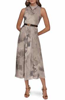 Cowl Neck Belted Fit & Flare Dress