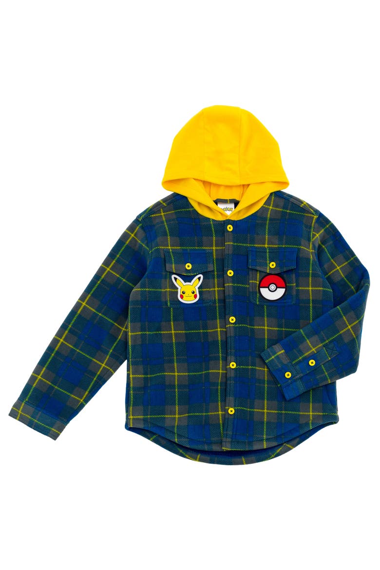 Pikachu Hooded Fleece Shacket, Main, color, Navy Yellow Pikachu