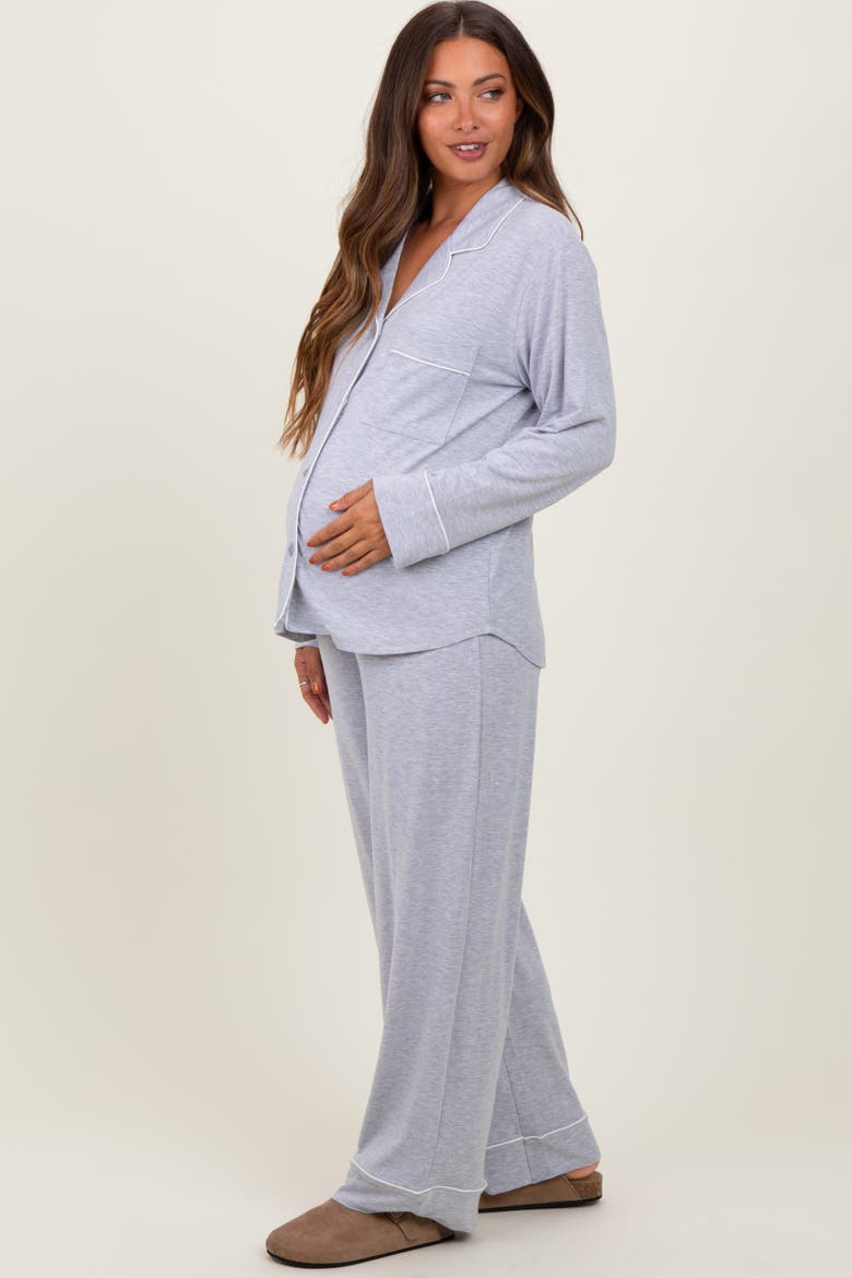 Button Down Top Wide Leg Pant Pajama Set, Alternate, color, Heather Grey