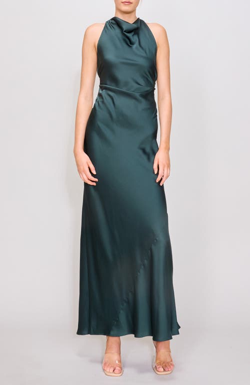 MELLODAY Ruched Cowl Neck Bias Cut Satin Maxi Dress in Hunter Green 