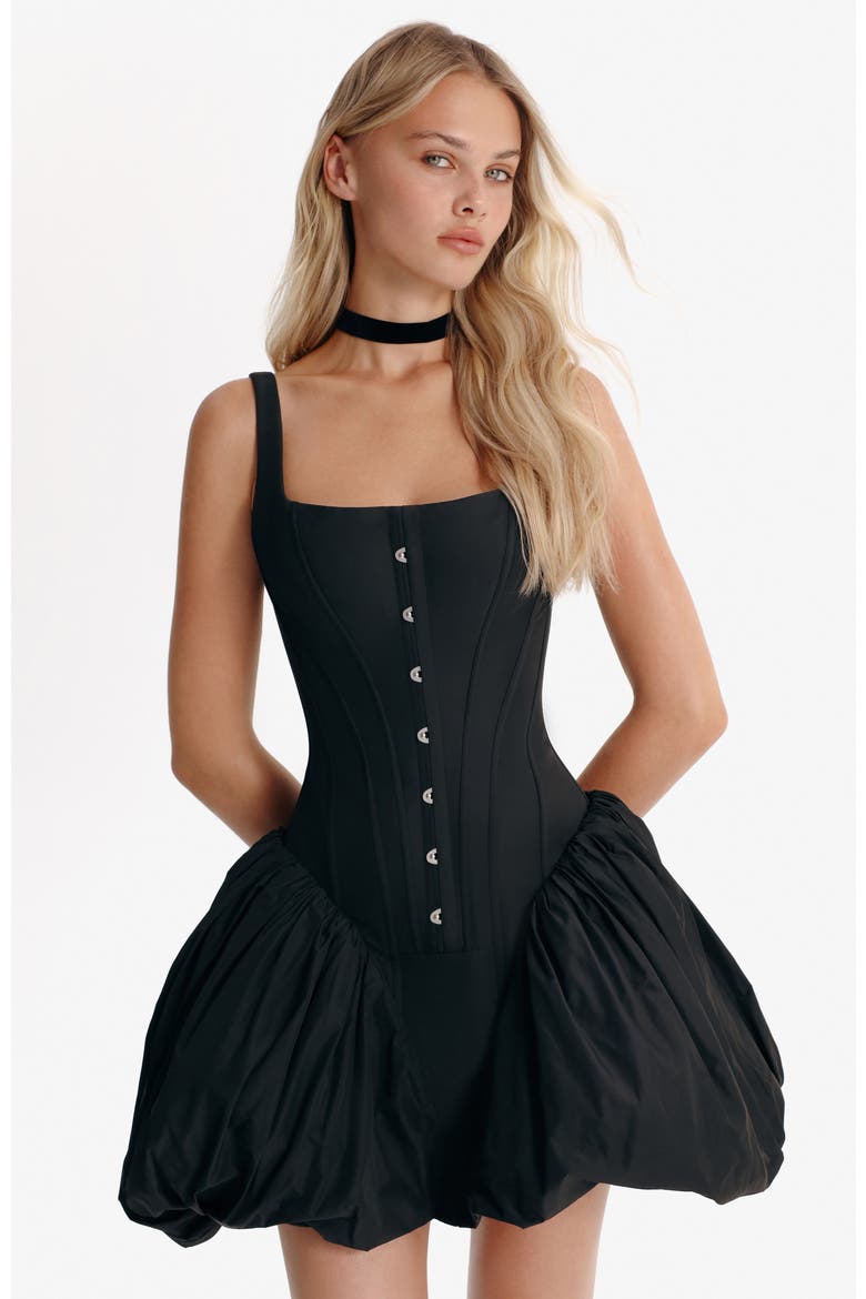 Structured Corset Formal Occasion Mini Dress in Black Taffeta, Alternate, color, Black