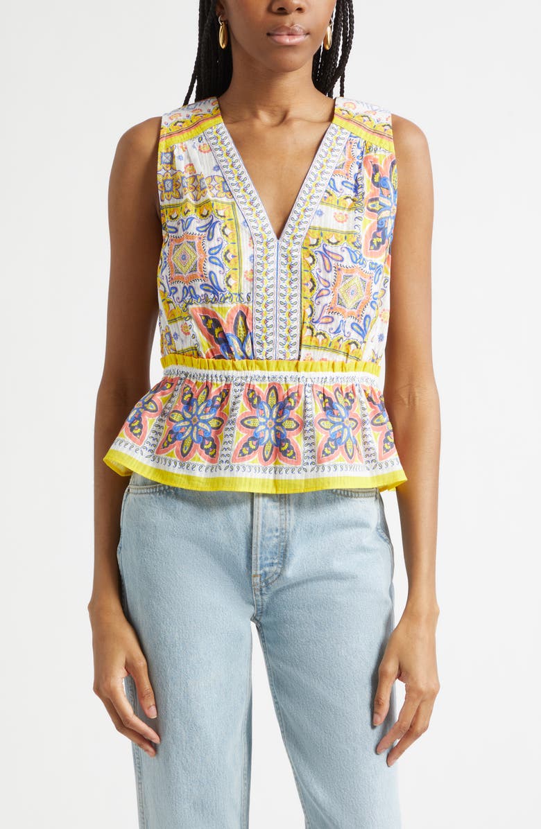 Ramy Brook Lyra Tile Print Cotton Top, Main, color, White Piazza