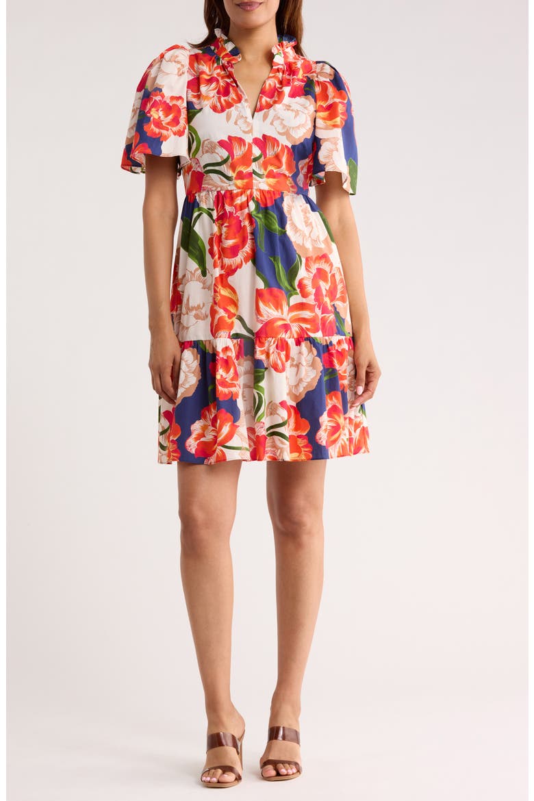 Floral Short Sleeve Poplin Fit & Flare Dress, Main, color, NAVY MULTI