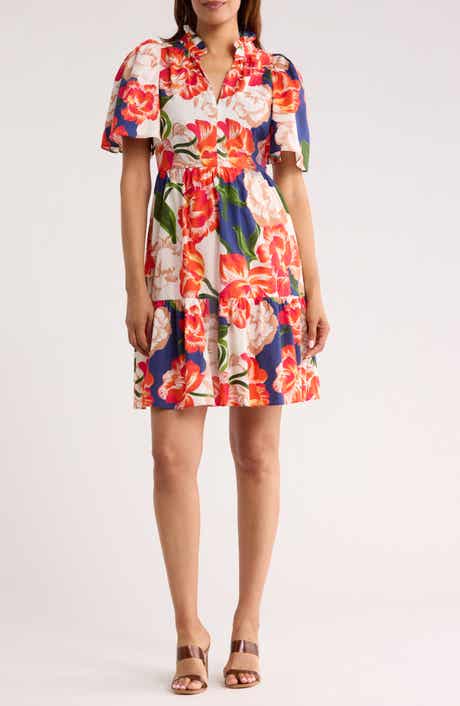 Vince Camuto Floral Short Sleeve Poplin Fit & Flare Dress