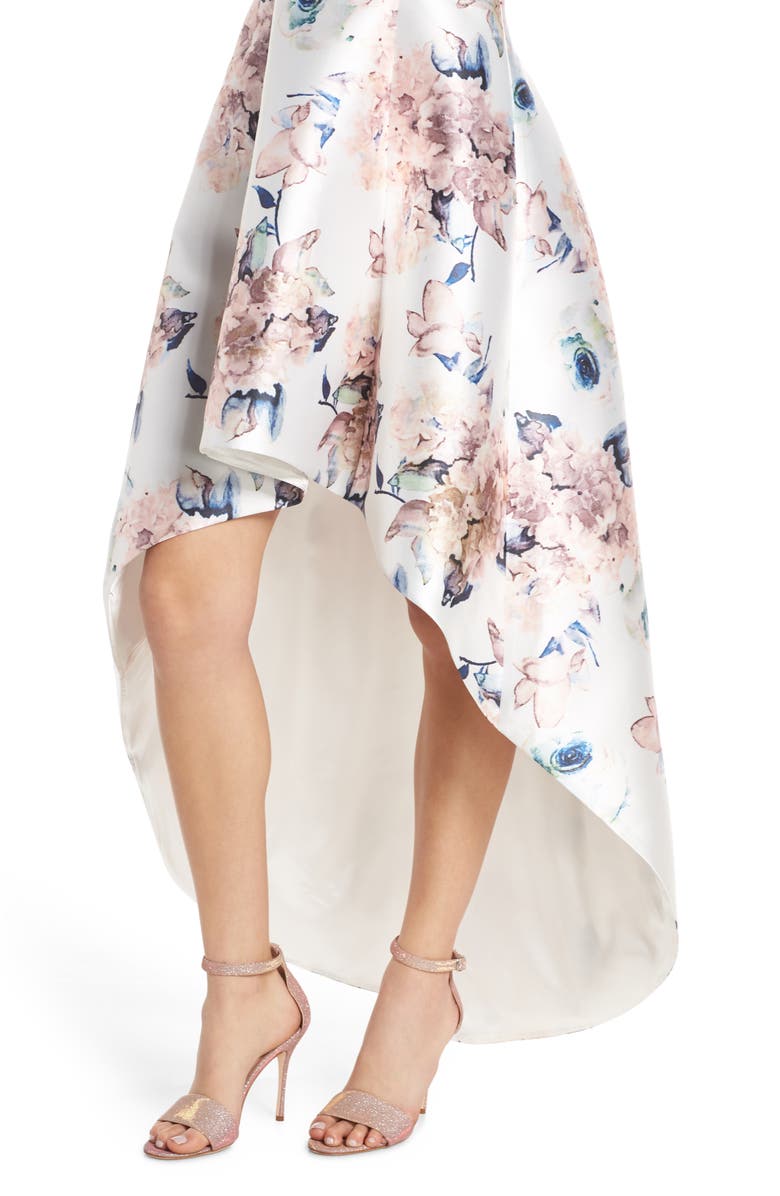 Chi Chi London Winter Floral High/Low Satin Cocktail Dress, Alternate, color, 