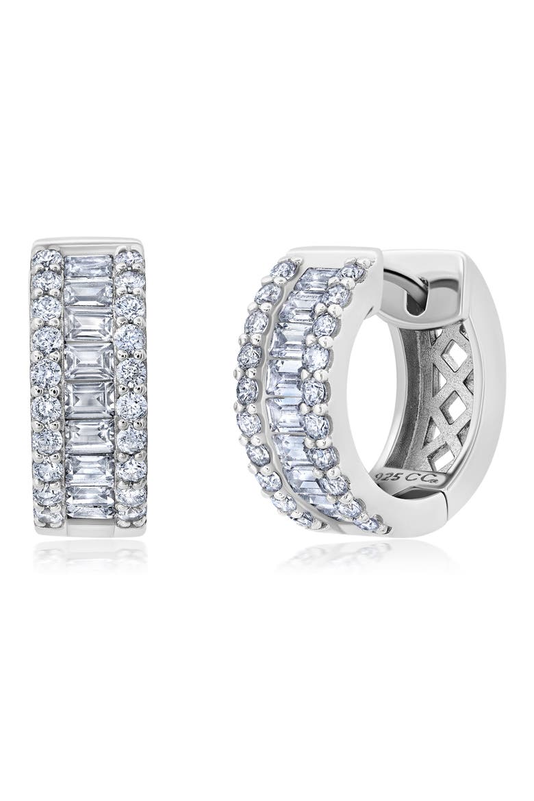 Brilliant Round & Square Baguette Cubic Zirconia Huggie Hoop Earrings, Main, color, SILVER