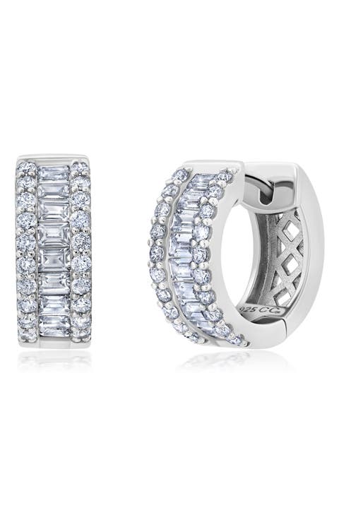 Brilliant Round & Square Baguette Cubic Zirconia Huggie Hoop Earrings