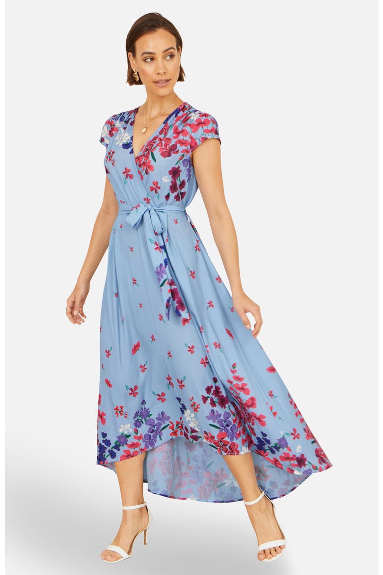 Floral Mirror Dip Hem Wrap Dress, Main, color, Blue