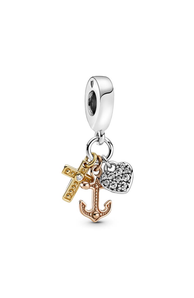 PANDORA Triple Tone Heart Cross Anchor Charm, Main, color, 