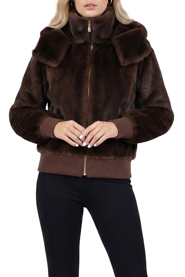 Fur-Free Mink (Faux Fur) Hooded Jacket With Knitted Cuffs & Bottom, Alternate, color, DARK BROWN