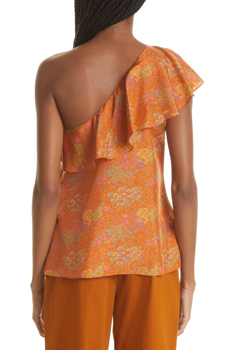Rebecca Taylor Isabelle Ruffle One-Shoulder Silk Top, Alternate, color, Isabelle Fleur Burnt