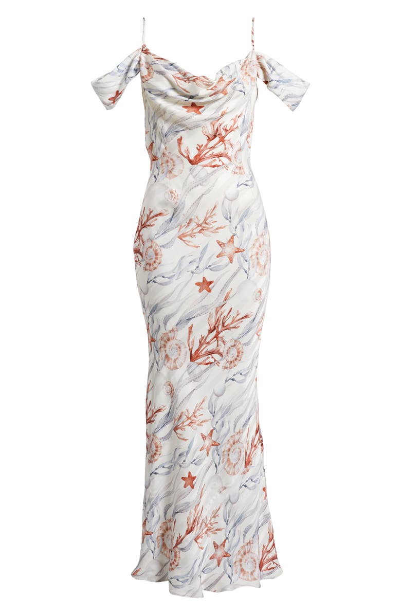 Sonya Moda Del La Mer Drape Cold Shoulder Gown, Alternate, color, White/ Marine Print
