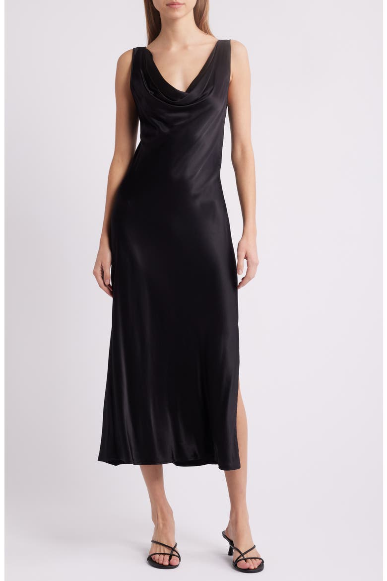 Nat Satin Midi Dress, Main, color, BLACK