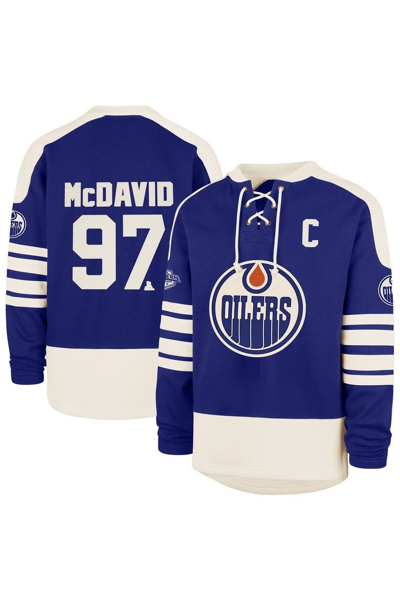 Men's '47 Connor McDavid Royal Edmonton Oilers Player Name & Number Sweep Check Eternal Lacer Sweatshirt, Main, color, Royal