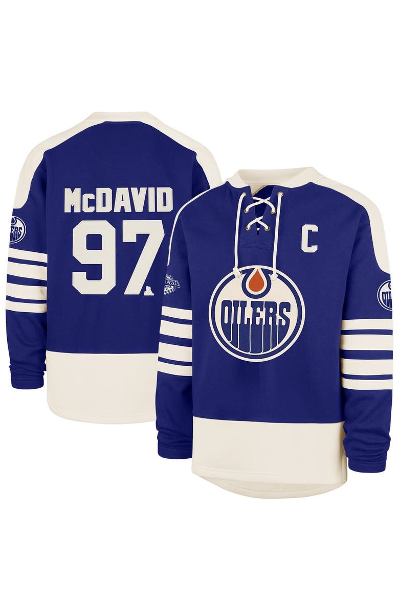 '47 Men's '47 Connor McDavid Royal Edmonton Oilers Player Name & Number Sweep Check Eternal Lacer Sweatshirt, Main, color, Royal