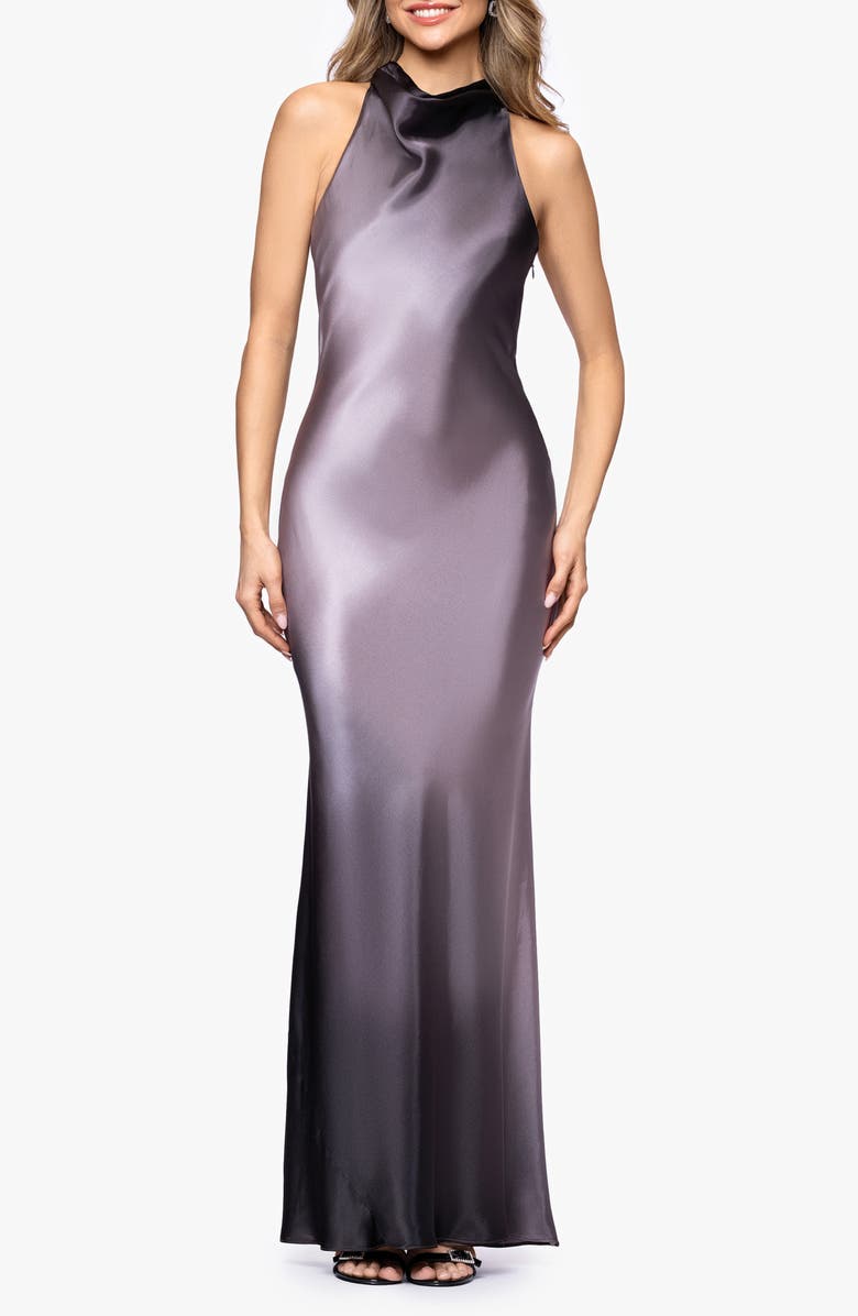 Betsy & Adam Ombré Satin Halter Neck Gown, Main, color, Grey/ Gunmetal