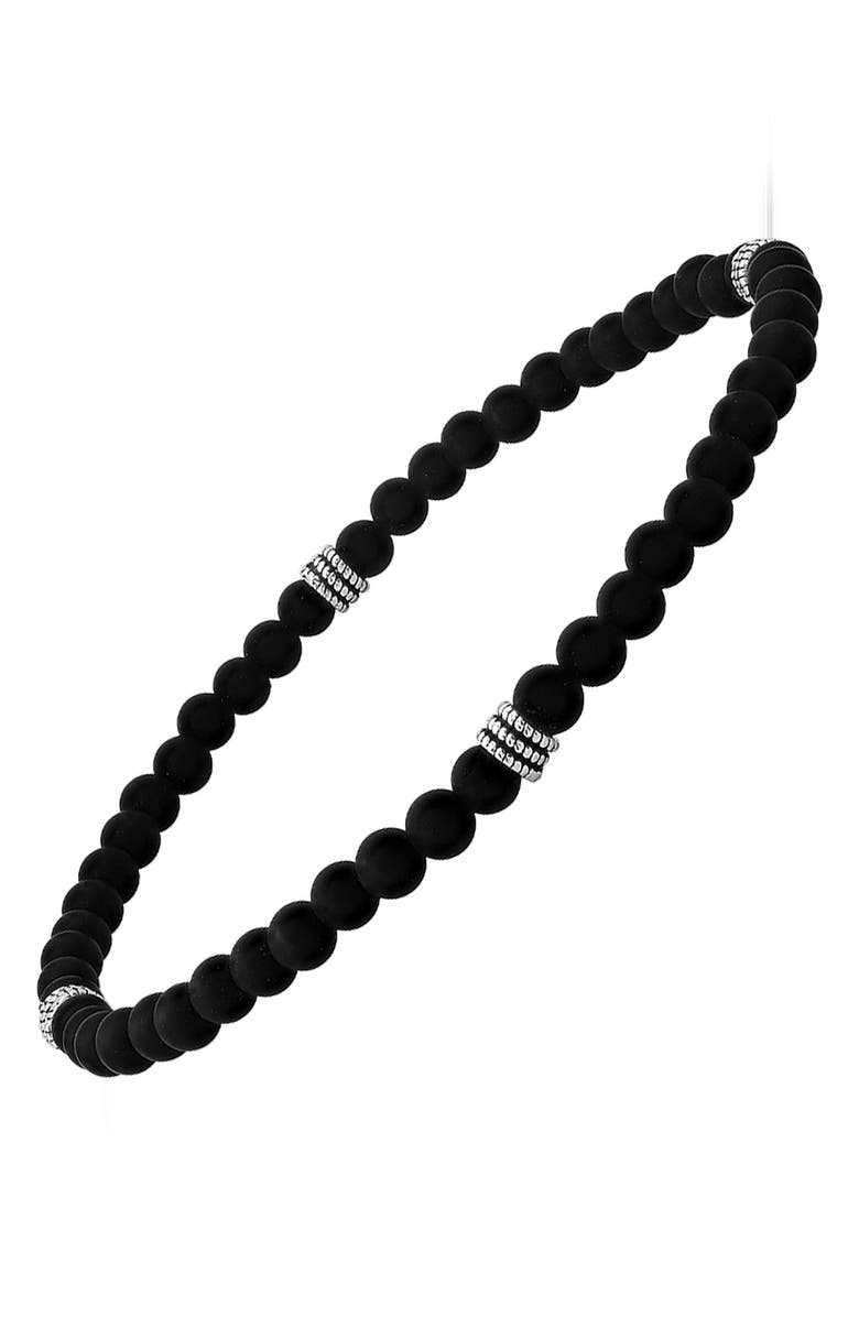 HMY JEWELRY Men's Sterling Silver Black Lava Stone Beaded Stretch Bracelet, Alternate, color, Silver/ Black