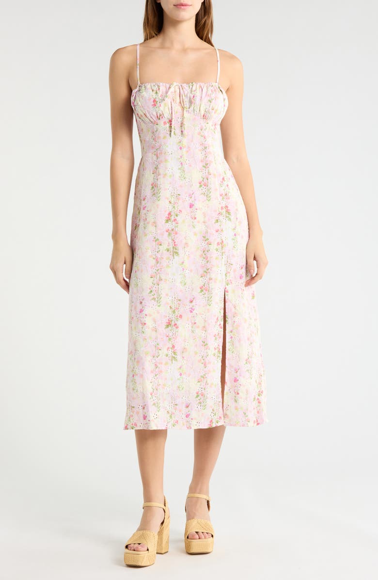 All in Favor Floral Eyelet Corset Midi Sundress, Main, color, Cream Pink
