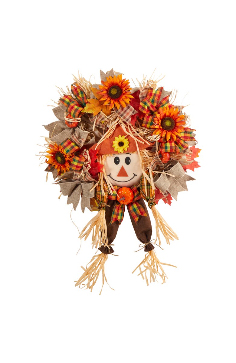 NEARLY NATURAL 30-in Scarecrow Fall Artificial Autumn Wreath with Sunflower, Pumpkin and Decorative Bows, Main, color, Orange