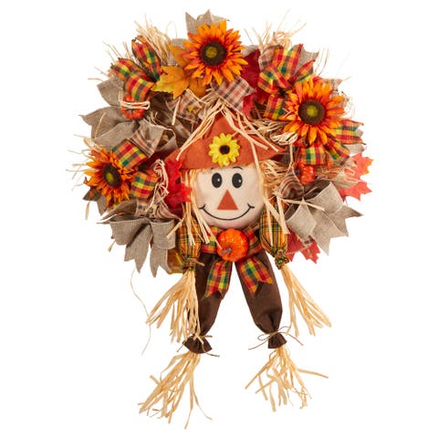 30-in Scarecrow Fall Artificial Autumn Wreath with Sunflower, Pumpkin and Decorative Bows