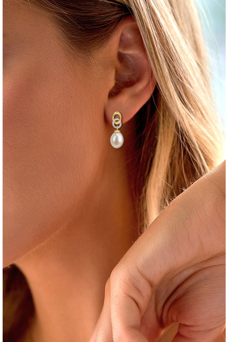 Lab Created White Sapphire and Cultured Pearl Drop Earrings, Alternate, color, WHITE GOLD