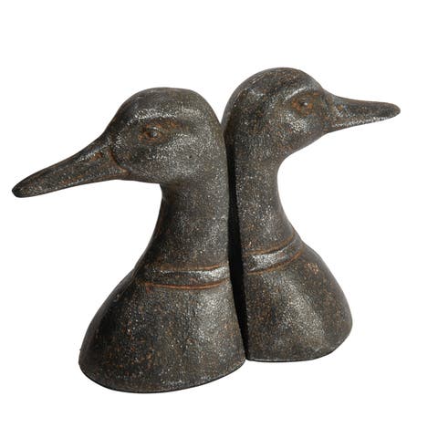 Decorative Distressed Cast Metal Duck Head Bookends, Black