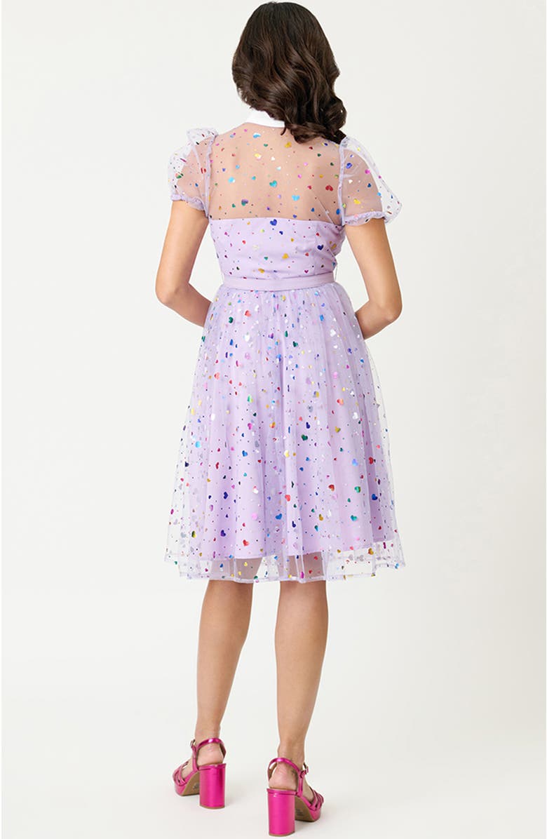 Unique Vintage 1950s Short Sleeve Collared Hollie Swing Dress, Alternate, color, Purple Heart Confetti