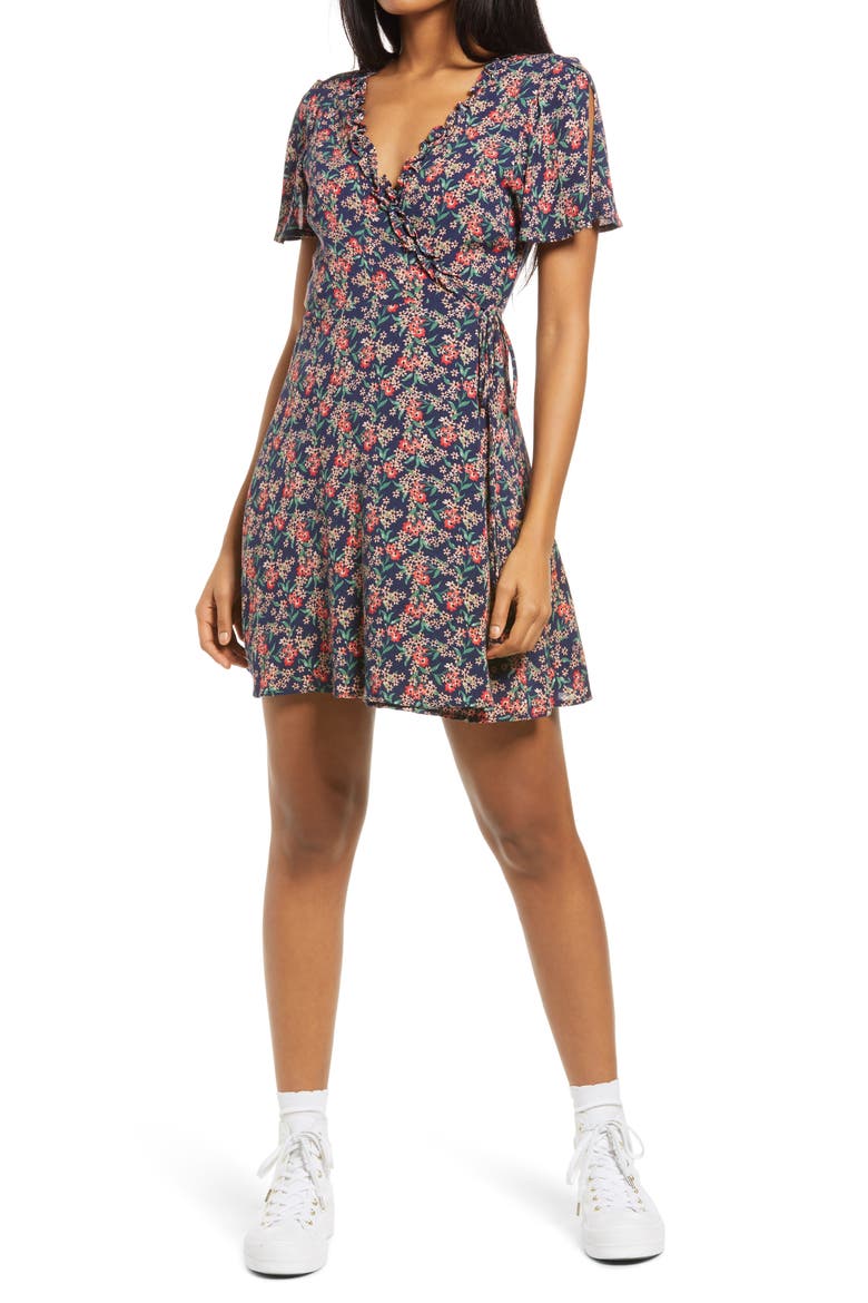 Audacious Audrey Floral Wrap Dress, Main, color, BLUE FLORAL PRINT