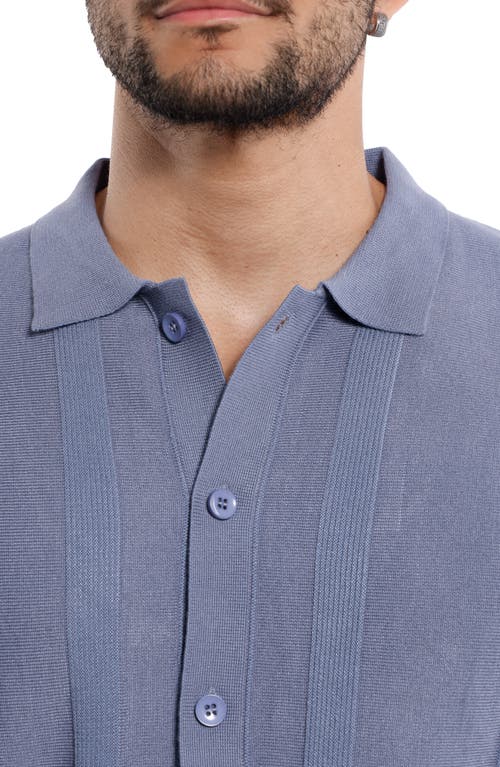 Spring + Mercer Textured Short Sleeve Button-up Sweater In Slate Blue
