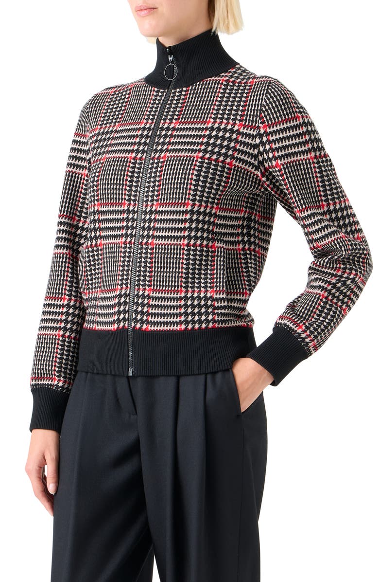 Akris punto Houndstooth Check Virgin Wool & Cashmere Zip Cardigan, Alternate, color, Black-Vermillion-Cream
