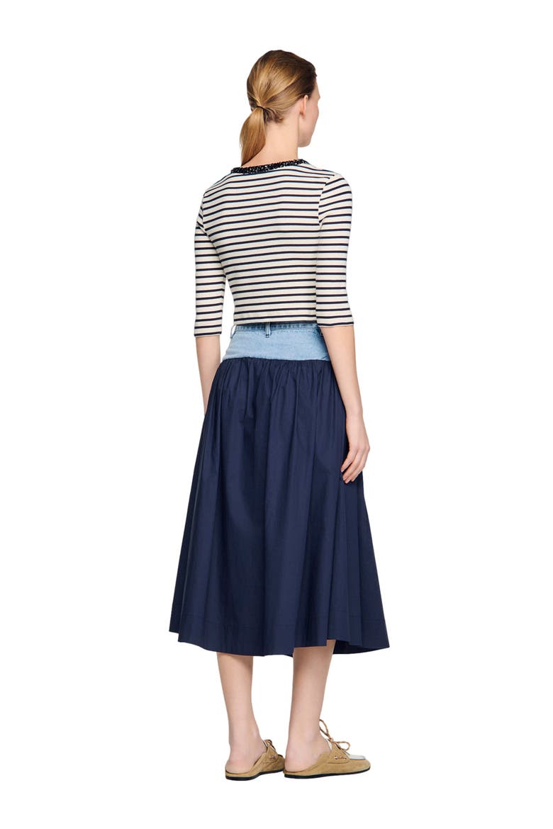 Short striped tee with beaded collar, Alternate, color, Navy blue