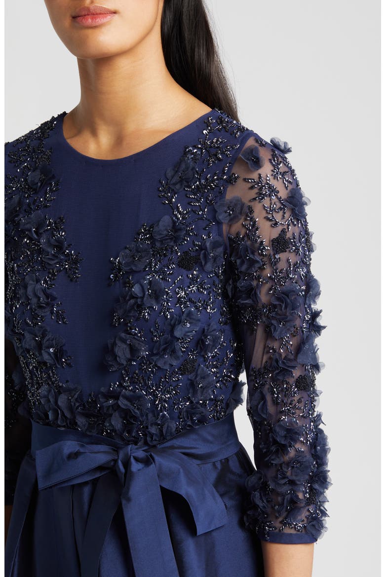 3D Floral Beaded Taffeta Dress, Alternate, color, NAVY