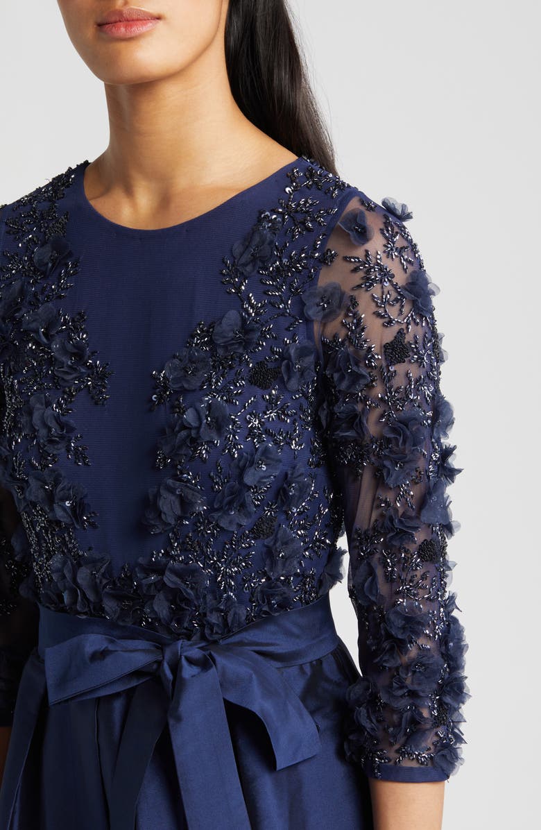 Pisarro Nights 3D Floral Beaded Taffeta Dress, Alternate, color, Navy