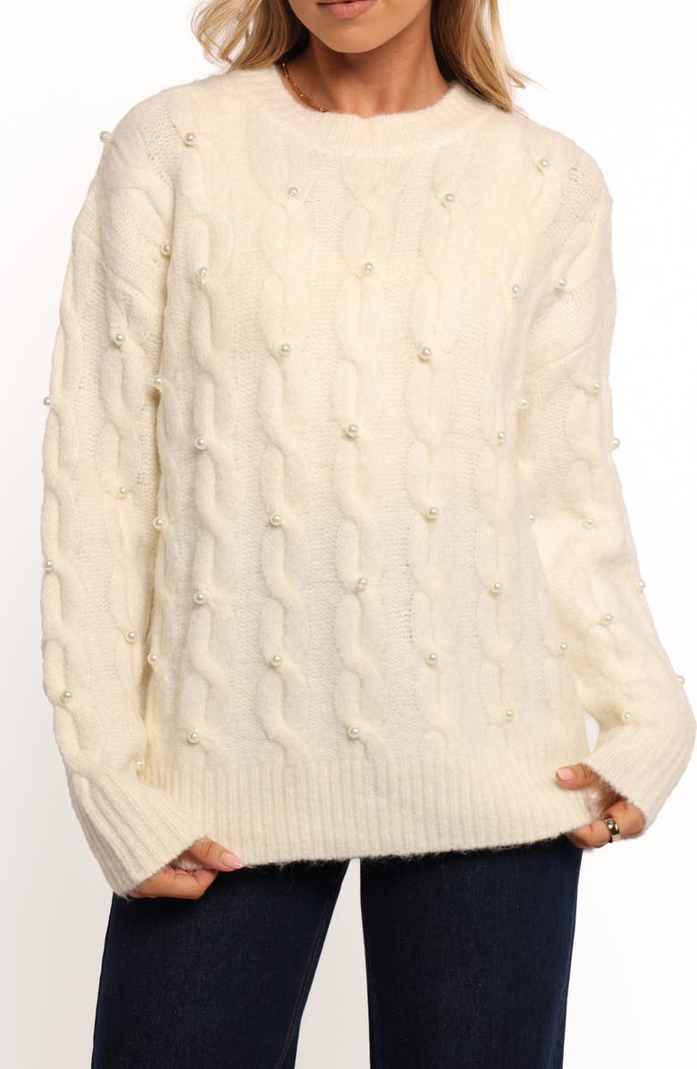 Petal & Pup Kalai Faux Pearl Cable Knit Sweater, Alternate, color,