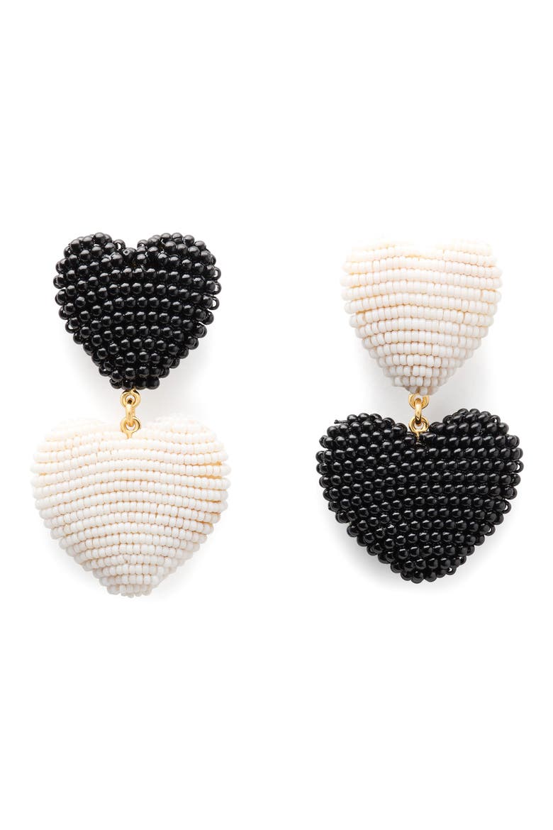 heart you beaded double drop earrings, Main, color, BLACK/ WHITE