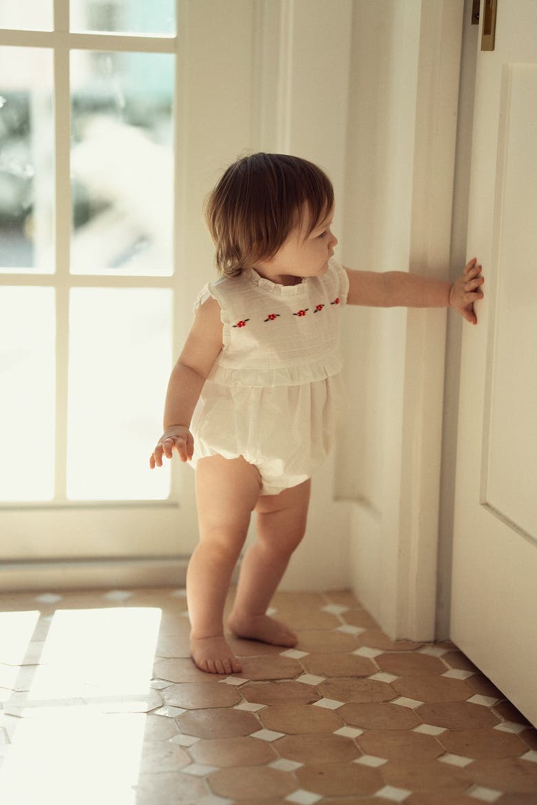 Floral Ruffle Neckline Elastic Leg Romper, Alternate, color, White/Red